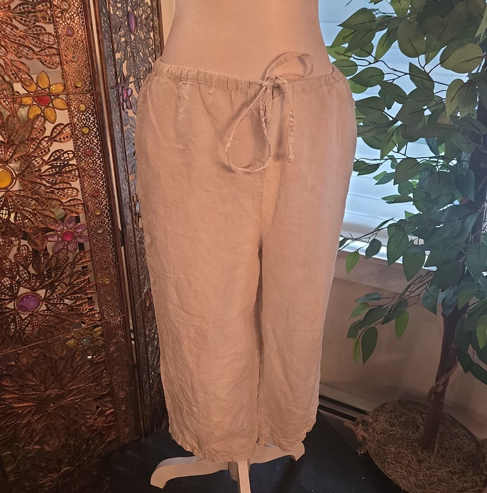 Lord & Taylor 100% Linen Wide Leg Capri Pants Size Large Boho Grandma